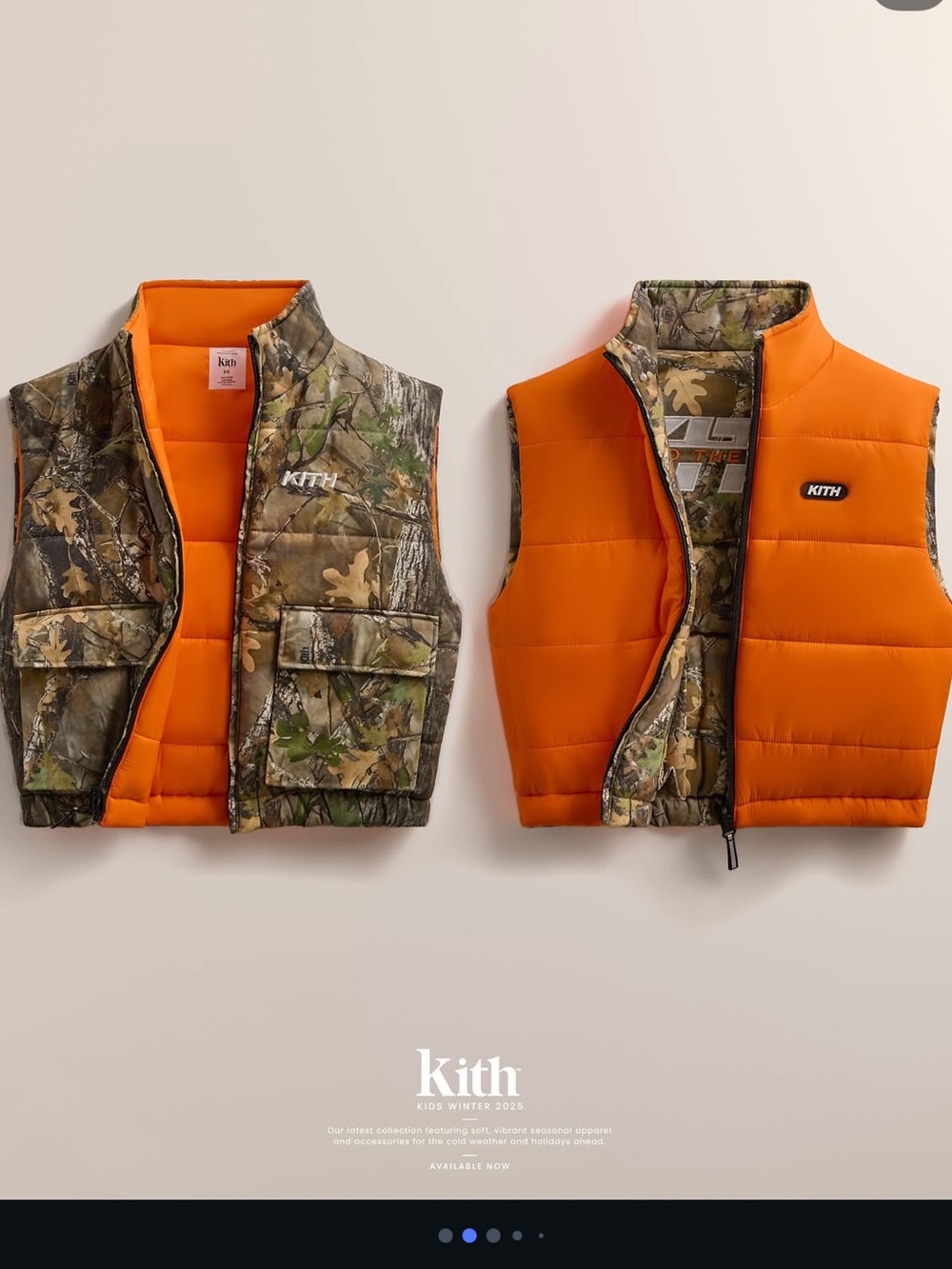 Kith Kids Bright Orange Reversible Puffer Vest with Camo Lining